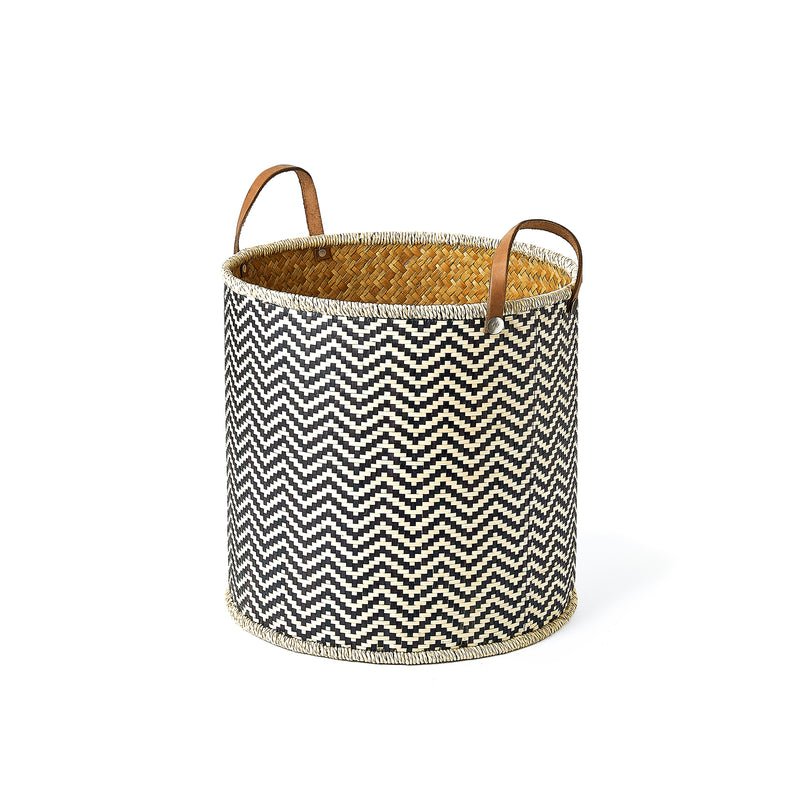 Home Outfitters S/3 Round Palm Leaf Baskets In Black And Grey Weave W/ Faux Leather Handles, Grey