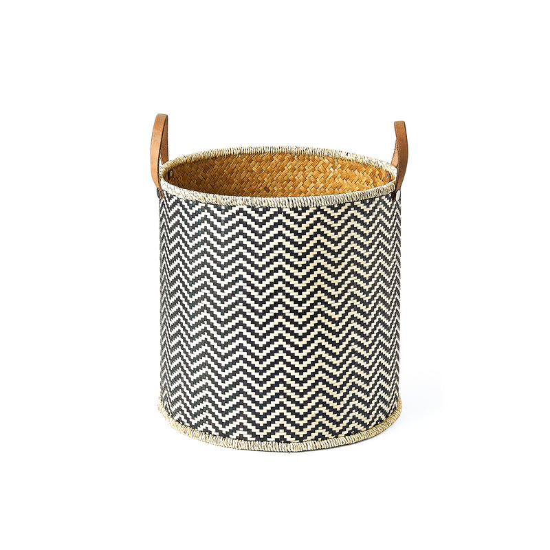 Home Outfitters S/3 Round Palm Leaf Baskets In Black And Grey Weave W/ Faux Leather Handles, Grey