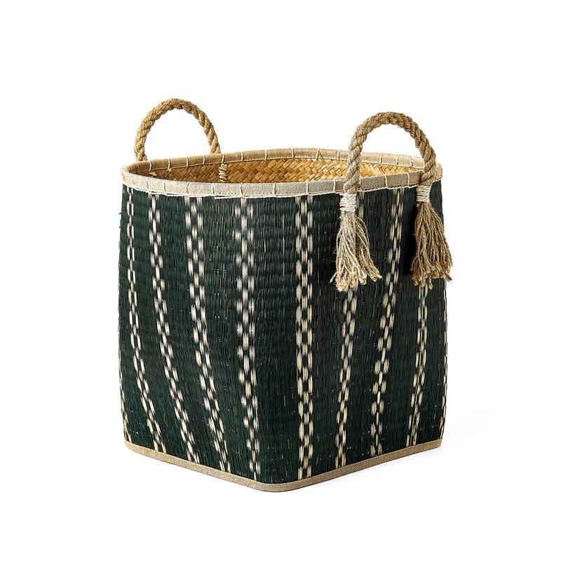 Home Outfitters S/3 Round Top And Square Bottom Palm Leaf Baskets In Black And Natural Pattern W/ Rope Handles And Tassels, Black