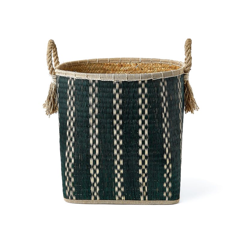 Home Outfitters S/3 Round Top And Square Bottom Palm Leaf Baskets In Black And Natural Pattern W/ Rope Handles And Tassels, Black