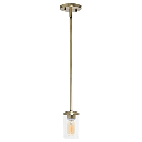 Lalia Home 1-Light 5.75" Minimalist Industrial Farmhouse Adjustable Hanging Clear Cylinder Glass Pendant Fixture, Antique Brass