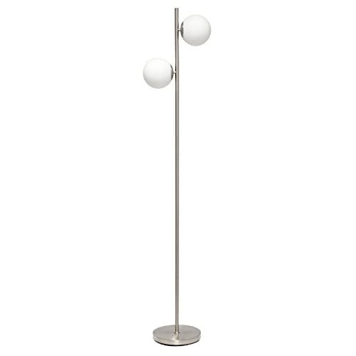 Simple Designs 66" Tall Mid Century Modern Standing Tree Floor Lamp with Dual White Glass Globe Shade for Study, Living Room, Bedroom, Entryway