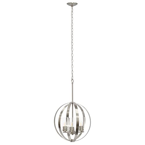 Lalia Home 3-Light 18" Adjustable Industrial Globe Hanging Metal and Clear Glass Ceiling Pendant, Brushed Nickel