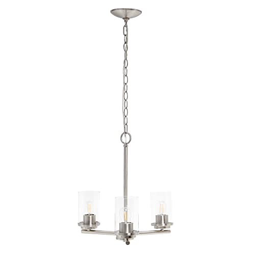 Lalia Home 3-Light 15" Classic Contemporary Clear Glass and Metal Hanging Pendant Chandelier, Brushed Nickel