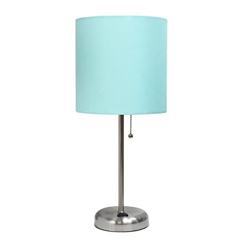 Creekwood Home Oslo 19.5" Contemporary Bedside Power Outlet Base Standard Metal Table Desk Lamp in Brushed Steel with Aqua Drum Fabric Shade for Home Décor, Bedroom, End Table, Living Room, Dorm, Office