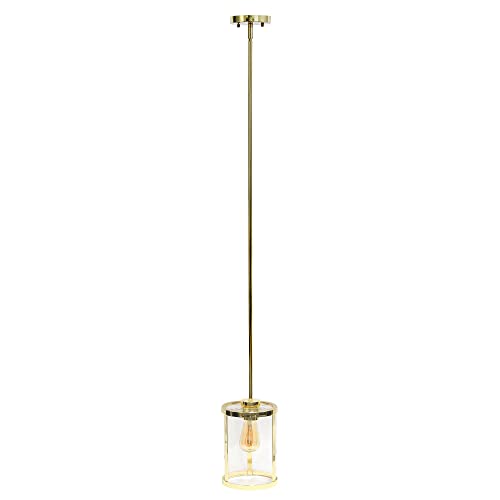 Lalia Home 1-Light 9.25" Modern Farmhouse Adjustable Hanging Cylindrical Clear Glass Pendant Fixture with Metal Accents, Gold