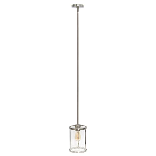 Lalia Home 1-Light 9.25" Modern Farmhouse Adjustable Hanging Cylindrical Clear Glass Pendant Fixture with Metal Accents, Brushed Nickel