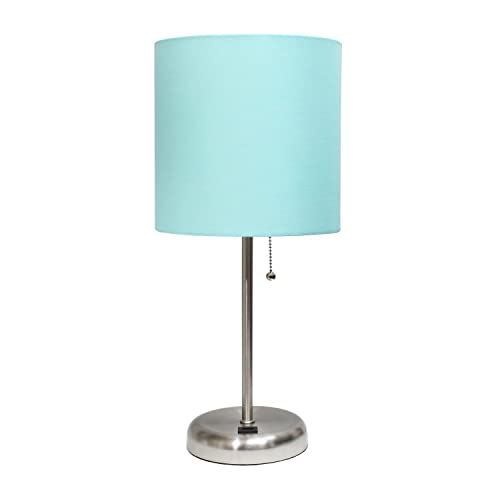 Creekwood Home Oslo 19.5" Contemporary Bedside USB Port Feature Standard Metal Table Desk Lamp in Brushed Steel with Aqua Drum Fabric Shade for Home Décor, Bedroom, End Table, Living Room, Dorm, Office