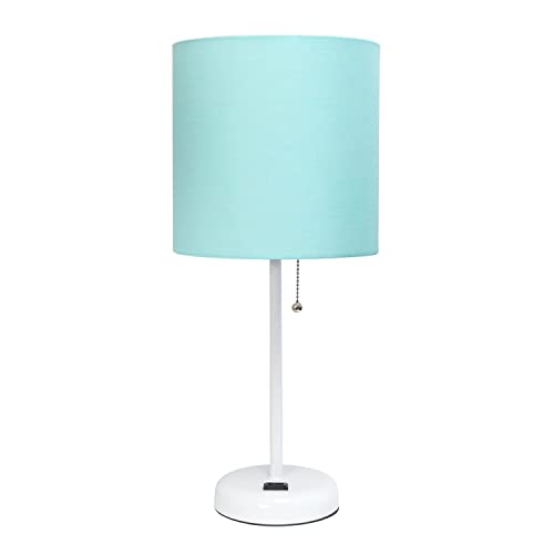 Creekwood Home Oslo 19.5" Contemporary Bedside Power Outlet Base Standard Metal Table Desk Lamp in White with Aqua Drum Fabric Shade for Home Décor, Bedroom, End Table, Living Room, Dorm, Office