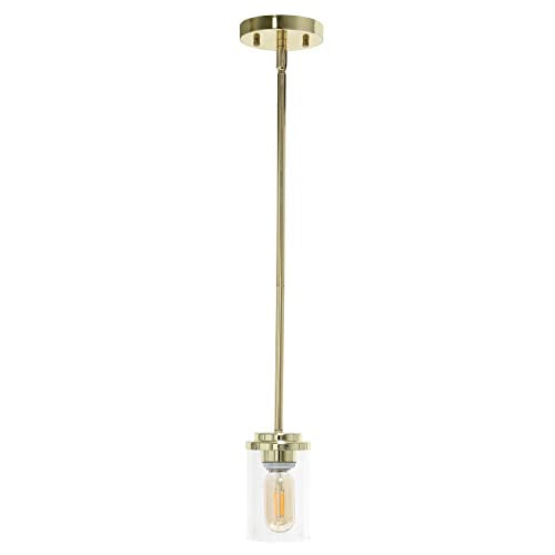 Lalia Home 1-Light 5.75" Minimalist Industrial Farmhouse Adjustable Hanging Clear Cylinder Glass Pendant Fixture, Gold