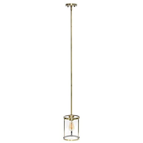 Lalia Home 1-Light 9.25" Modern Farmhouse Adjustable Hanging Cylindrical Clear Glass Pendant Fixture with Metal Accents, Antique Brass