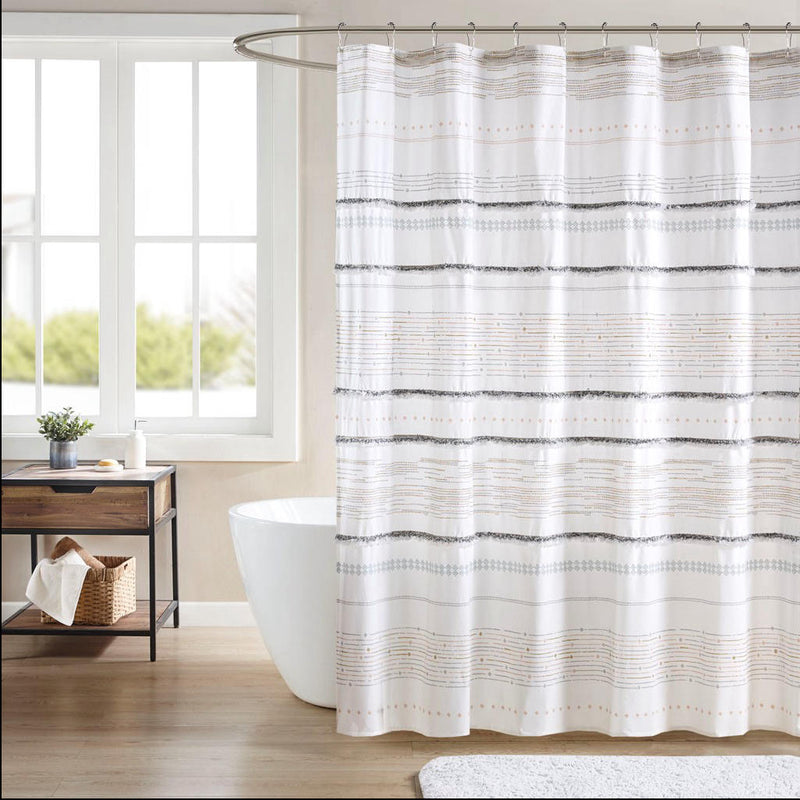Home Outfitters Off White/Gray 100% Cotton Printed Shower Curtain with Trims 72" W x 72" L, Shower Curtain for Bathrooms, Modern/Contemporary