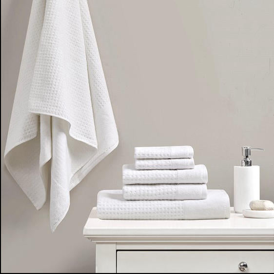 Home Outfitters White 100% Cotton Waffle 6pcs Bath Towel Set , Absorbent, Bathroom Spa Towel, Modern/Contemporary