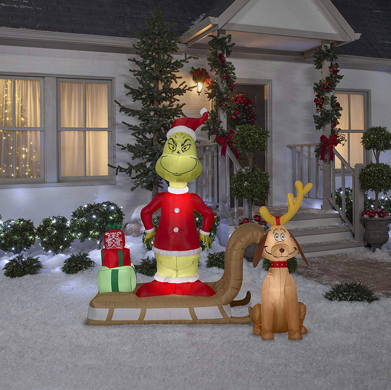 Pre-lit Grinch and Max On Sled Scene Inflatable, Green/Red/Multicolor
