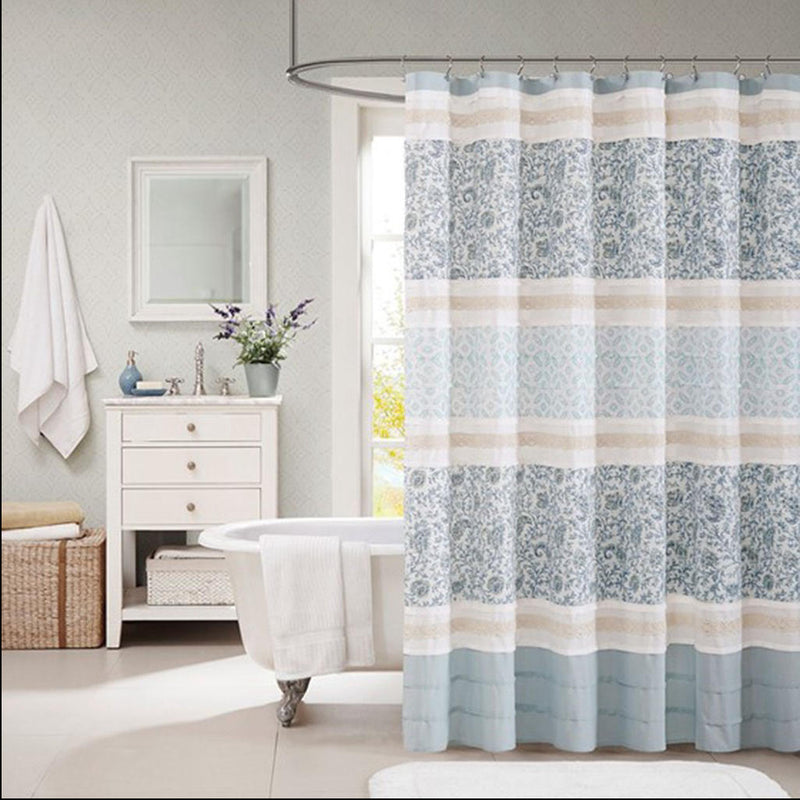 Home Outfitters Blue 100% Cotton Printed And Pieced Shower Curtain 72"WX72"L, Shower Curtain for Bathrooms, Cottage/Country