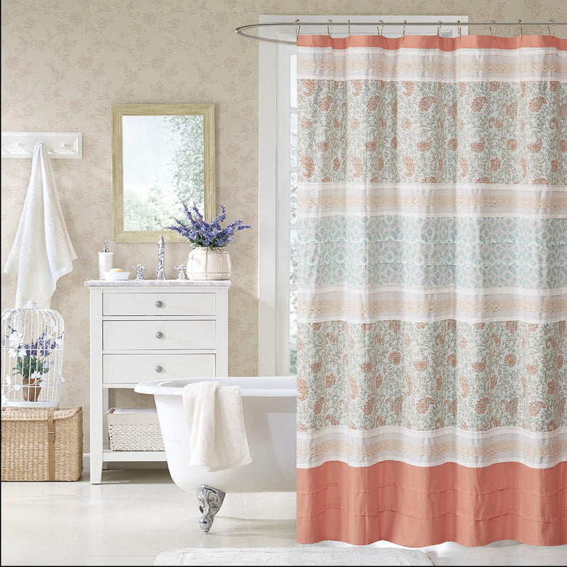 Home Outfitters Coral 100% Cotton Percale Printed Pieced Shower Curtain 72x72", Shower Curtain for Bathrooms, Cottage/Country