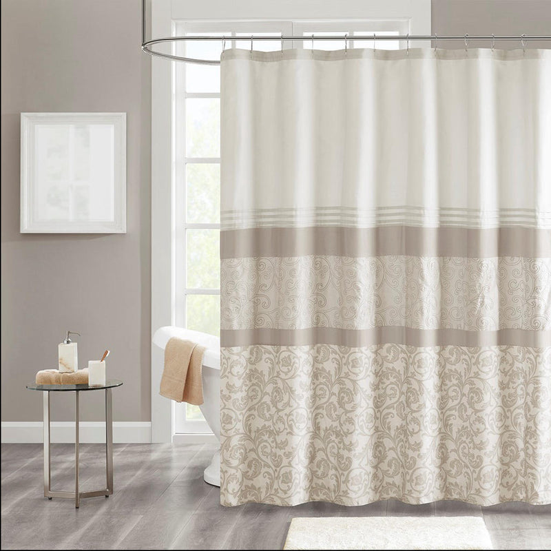 Home Outfitters Neutral  Microfiber Embroidery Printed Shower Curtain 72"W x 72"L, Shower Curtain for Bathrooms, Traditional