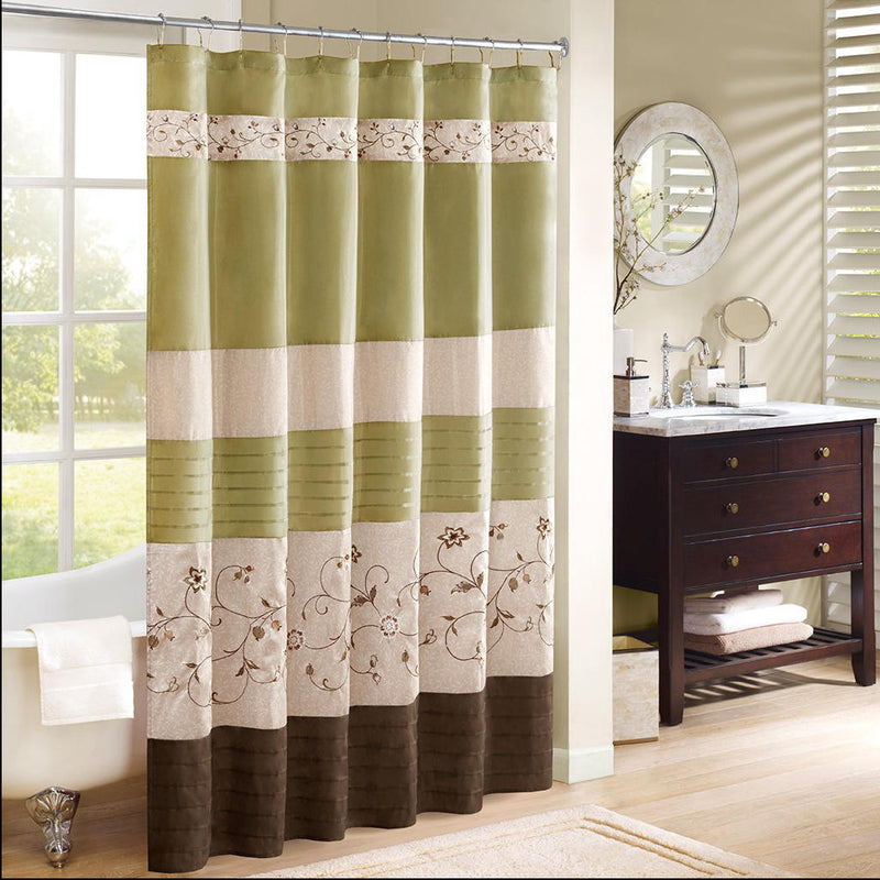 Home Outfitters Green Faux Silk Lined Shower Curtain w/Embroidery 72x72", Shower Curtain for Bathrooms, Transitional
