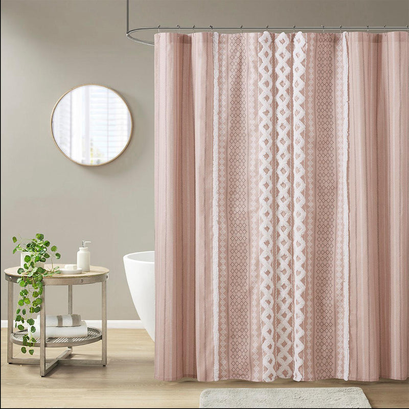 Home Outfitters Blush 100% Cotton Printed Shower Curtain with Chenille 72" W x 72" L, Shower Curtain for Bathrooms, Mid-Century