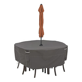 Classic Accessories Ravenna Water-Resistant 60 Inch Round Patio Table & Chair Set Cover with Umbrella Hole, Outdoor Table and Chair Cover, Dark Taupe