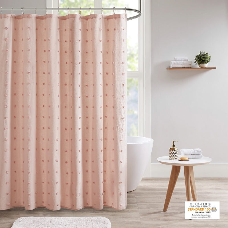Home Outfitters Pink 100% Cotton Jacquard Pom Pom Shower Curtain 70"W x 72"L, Shower Curtain for Bathrooms, Casual