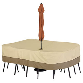 Classic Accessories Veranda Water-Resistant 88 Inch Rectangular/Oval Patio Table & Chair Set Cover with Umbrella Hole, Outdoor Table Cover
