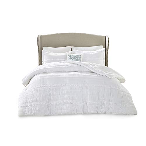 Madison Park Comforter Set-Textured Luxury Design All Season Down Alternative Bedding, Matching Sham, Decorative Pillows, Queen(90"x90"), Celeste, Ruffle White, 5 Piece