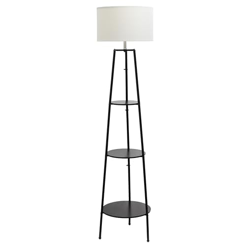 Simple Designs 62.5" Tall Modern Tripod 3 Tier Shelf Standing Floor Lamp with White Drum Fabric Shade for Home Décor, Living Room, Bedroom, Dining Room, Office