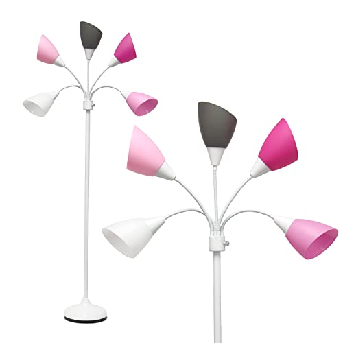 Simple Designs LF2006-WPG 67" Contemporary Multi Head Medusa 5 Light Adjustable Gooseneck White Floor Lamp with Pink, White, Gray Shades for Kids Bedroom Playroom Living Room Office