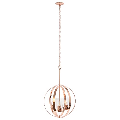 Lalia Home 3-Light 18" Adjustable Industrial Globe Hanging Metal and Clear Glass Ceiling Pendant, Rose Gold