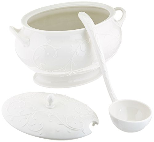 Lenox Opal Innocence Carved Covered Soup Tureen with Ladle, 10-1/4-Inch, White