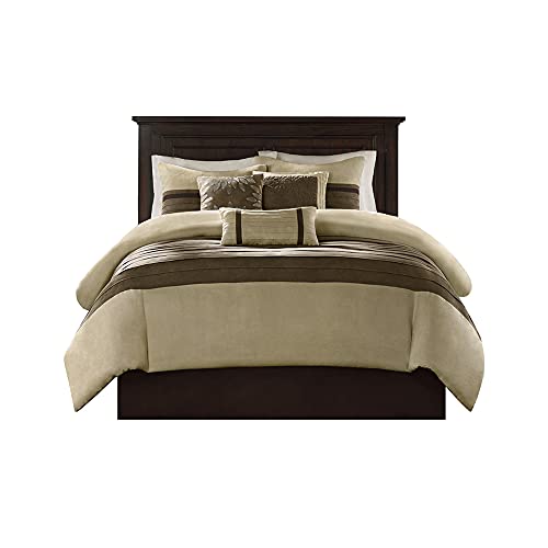 Madison Park Cozy Comforter Set-Luxury Faux Suede Design, Striped Accent, All Season Down Alternative Bedding, Matching Shams, Decorative Pillow, Natural, King (104 in x 92 in)