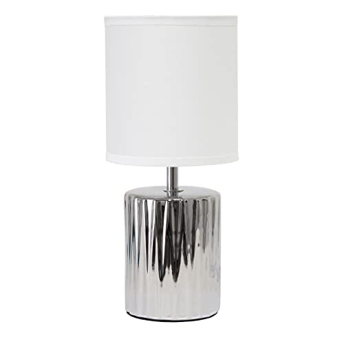 Simple Designs 11.61" Tall Contemporary Ruffled Metallic Chrome Capsule Bedside Table Desk Lamp with White Drum Fabric Shade for Home Decor, Bedroom, Living Room, Entryway, Office