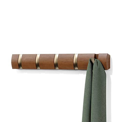 Umbra Flip 5-Hook Wall Mounted Coat Rack, Modern, Sleek, Space-Saving Coat Hanger with 5 Retractable Hooks to Hang Coats, Scarfs, Purses and More