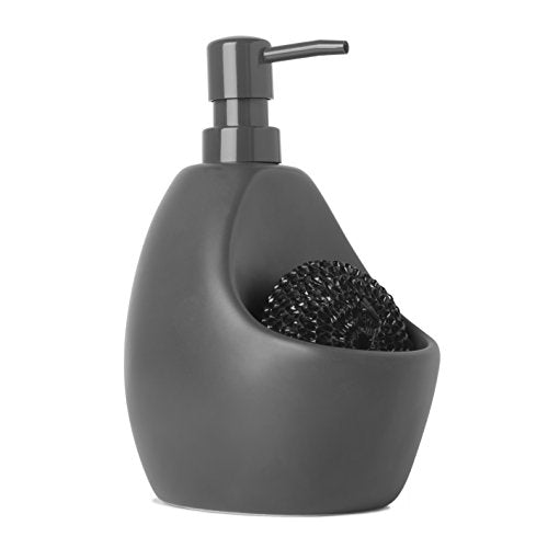 Umbra Joey, Matte Ceramic Liquid Soap Dispenser with Sponge Caddy, Ideal for Kitchen or Bathroom Use, Charcoal
