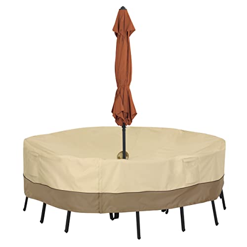 Classic Accessories Veranda Water-Resistant 94 Inch Round Patio Table & Chair Set Cover with Umbrella Hole, Outdoor Table Cover, Pebble/Bark/Earth