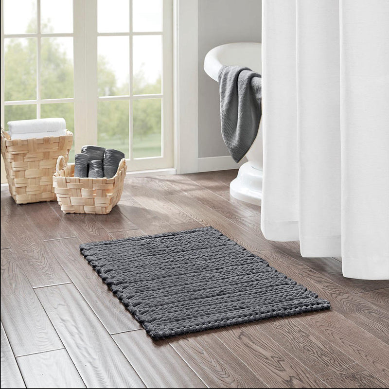 Home Outfitters Charcoal 100% Cotton Chenille Chain Stitch Rug 20"Wx30"L, Absorbent Bathroom Floor Mat, Casual