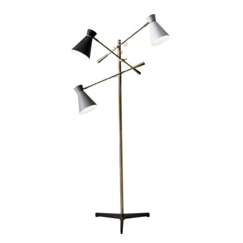 Home Outfitters Three Arm Adjustable Floor Lamp In Brass Metal With Grey Black And White Shades