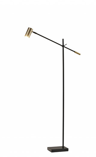 Home Outfitters 63" Black Adjustable LED Task Floor Lamp With Antiqued Brass Cylinder Shade