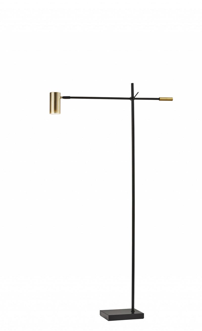 Home Outfitters 63" Black Adjustable LED Task Floor Lamp With Antiqued Brass Cylinder Shade
