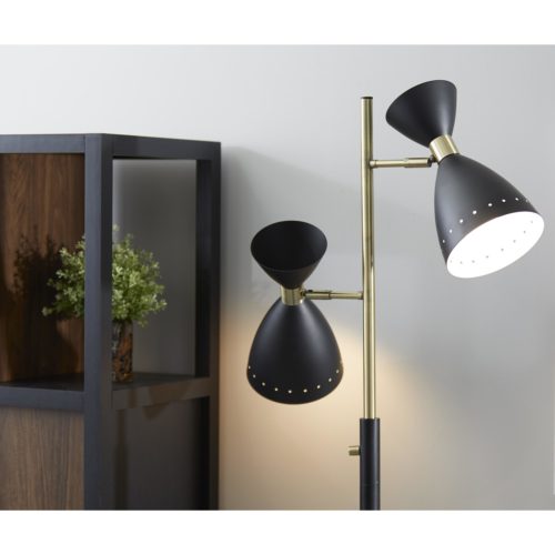 Home Outfitters Two Light Brass Cinch Floor Lamp In Black Metal