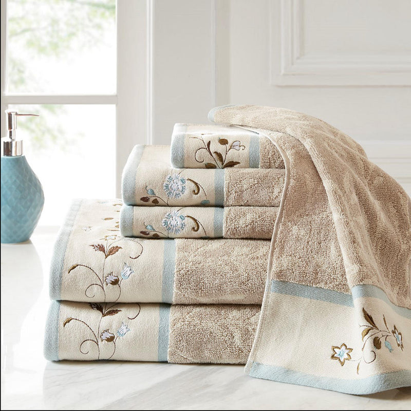 Home Outfitters Blue 100% Cotton Embroidered Jacquard 6pcs Bath Towel Set , Absorbent, Bathroom Spa Towel, Traditional