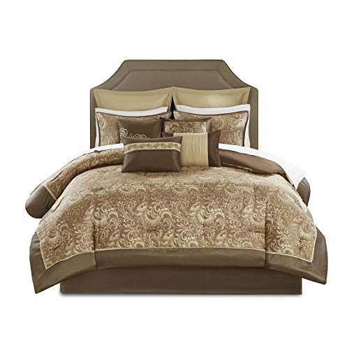 Madison Park Essentials Brystol 24 Piece Room in a Bag Faux Silk Comforter Jacquard Paisley Design Matching Curtains - Down Alternative Hypoallergenic All Season Bedding-Set, Brown Cal King(104"x92")