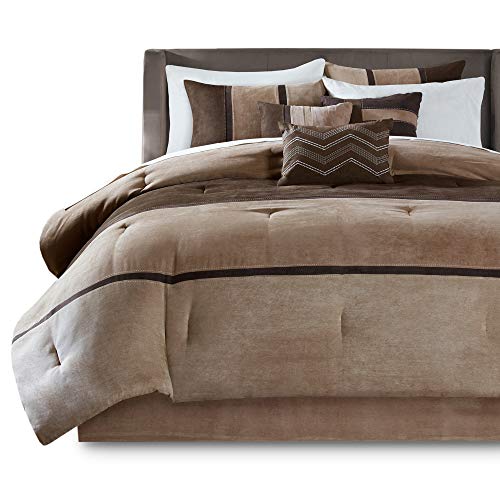 Madison Park Palisades Cal King Size Bed Comforter Set Bed In A Bag - Brown, Taupe , Pieced Stripe – 7 Pieces Bedding Sets – Micro Suede Bedroom Comforters
