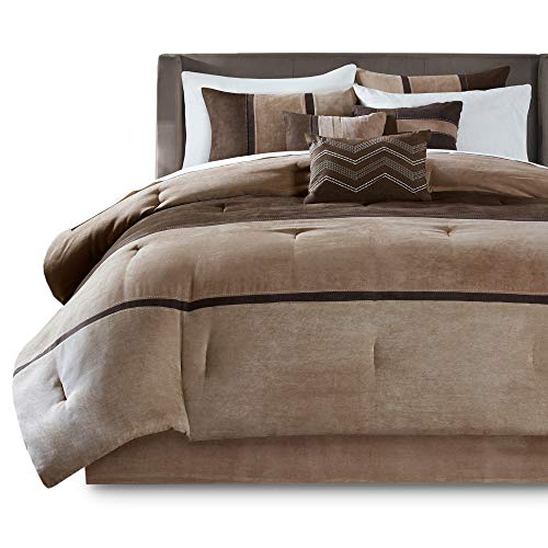 Madison Park Palisades Cal King Size Bed Comforter Set Bed In A Bag - Brown, Taupe , Pieced Stripe ‚Äö√Ñ√¨ 7 Pieces Bedding Sets ‚Äö√Ñ√¨ Micro Suede Bedroom Comforters