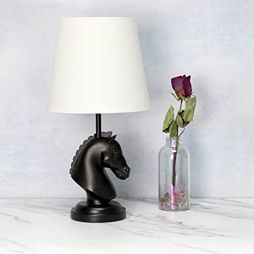 Simple Designs LT1089-BLK 17.25" Tall Polyresin Decorative Chess Horse Bedside Table Desk Lamp w White Tapered Fabric Shade for Décor, Accent Lighting, Gameroom, Kids&
