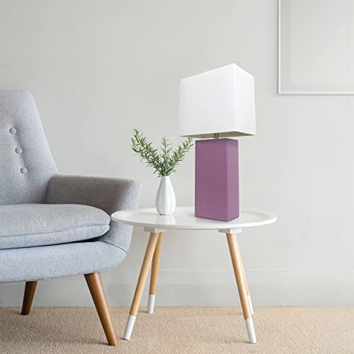 Lalia Home Lexington 21" Leather Base Modern Home Decor Bedside Table Lamp with White Rectangular Fabric Shade, Purple