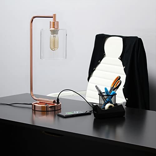 Lalia Home Indoor Table Lamp 9.75"L x 5.75"W x 18.8"H Modern Iron Desk Lamp with USB Port and Glass Shade - Rose Gold