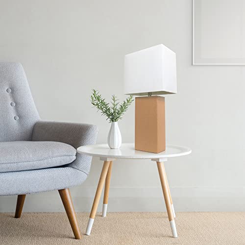 Lalia Home Lexington 21" Leather Base Modern Home Decor Bedside Table Lamp with White Rectangular Fabric Shade, Beige