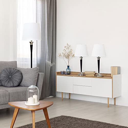 Lalia Home Perennial Modern Sonoma 3 Piece Metal Lamp Set (2 Table Lamps, 1 Floor Lamp) with White Tapered Drum Fabric Shades with Malbec Black and Brushed Nickel Finish
